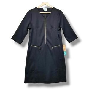 Tracy Negoshian Sabrina Zip Front Dress Small Black 3/4 Sleeve NWT
